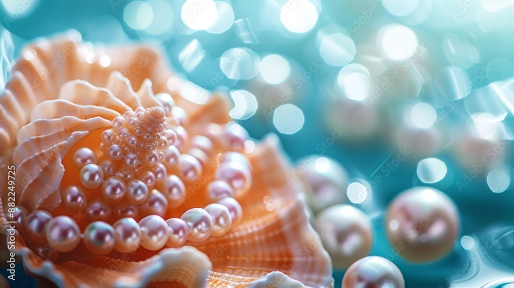  A tight shot of pearls against a blue-orange backdrop, with a softly blurred background image
