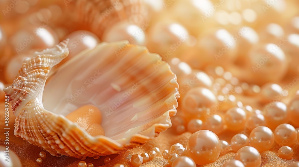 A tight shot of a single seashell with pearls against a backdrop of seaweed and additional pearl-studded shells A tight shot of a single seashell with pearls against a backdrop of seaweed and additional pearl-studded shells
