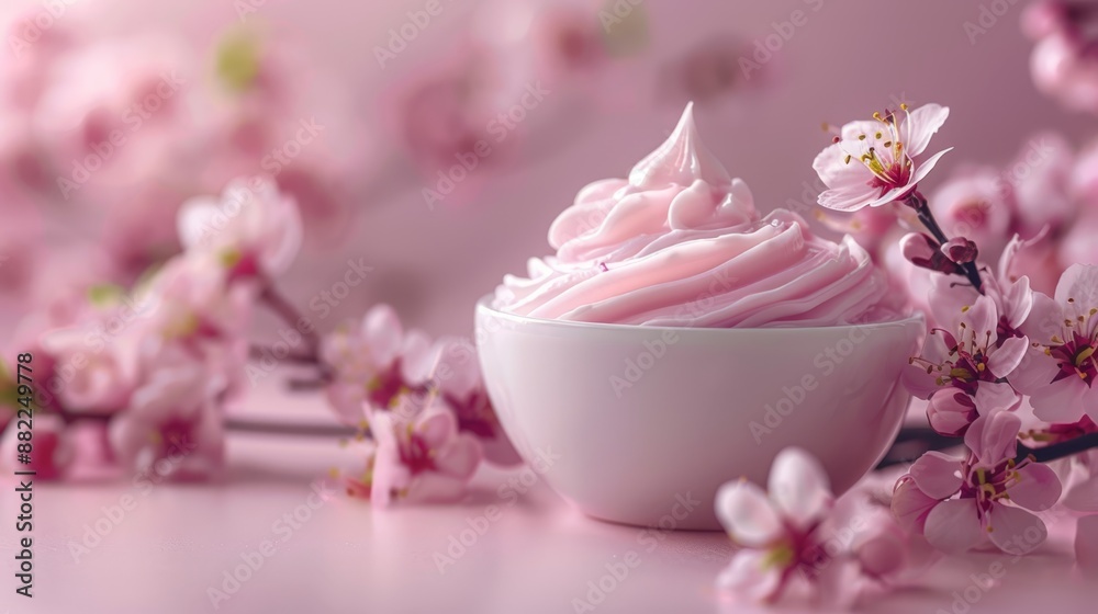 A white bowl brimming with pink frosting sits nearby, accompanied by a vibrant bundle of pink flowers against a softly hued light pink tablecloth A white bowl brimming with pink frosting sits nearby, accompanied by a vibrant bundle of pink flowers against a softly hued light pink tablecloth