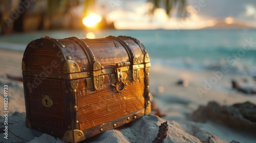  A wooden trunk atop a sandy beach, near a body of water during sunset