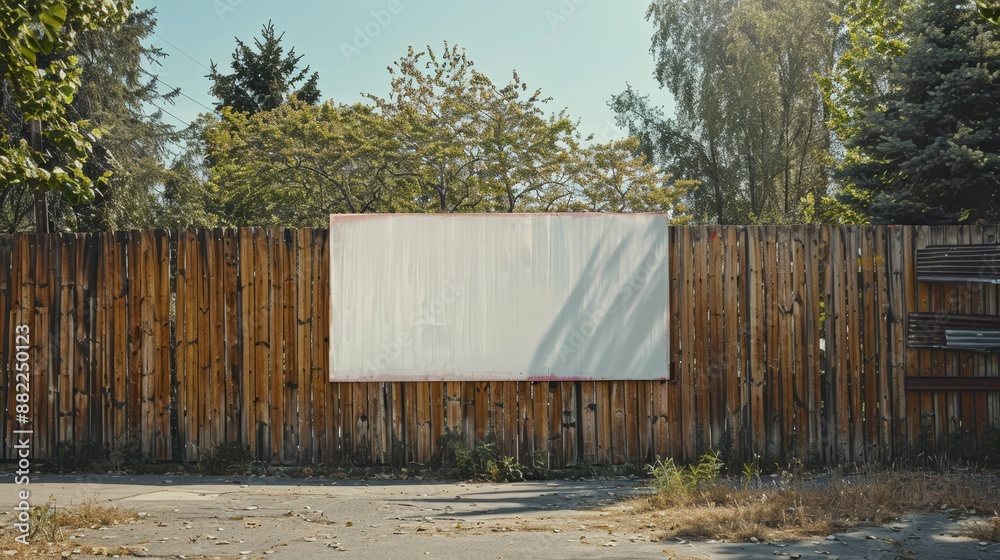 A wooden fence with a large white sheet draped from its side, facing a wooded area A wooden fence with a large white sheet draped from its side, facing a wooded area