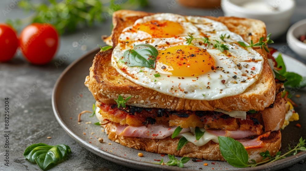 A tight shot of a sandwich on a plate, topped with an egg Background includes sliced tomatoes A tight shot of a sandwich on a plate, topped with an egg Background includes sliced tomatoes