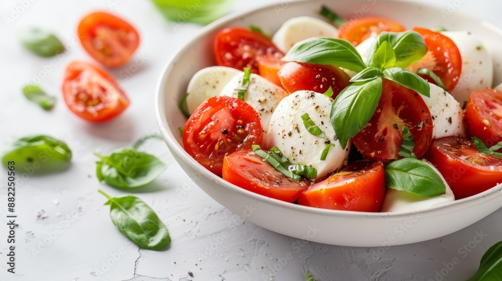 A white surface holds a bowl with tomatoes, mozzarella, basil, and mozzarella cheese atop it A white surface holds a bowl with tomatoes, mozzarella, basil, and mozzarella cheese atop it