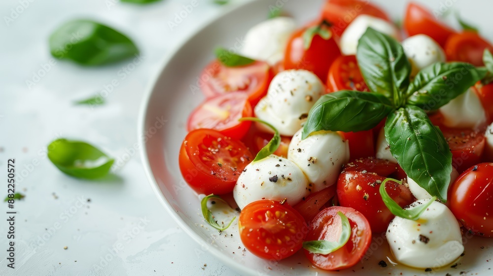 A white surface holds a plate with tomatoes, mozzarella, and fresh basil leaves as garnish A white surface holds a plate with tomatoes, mozzarella, and fresh basil leaves as garnish