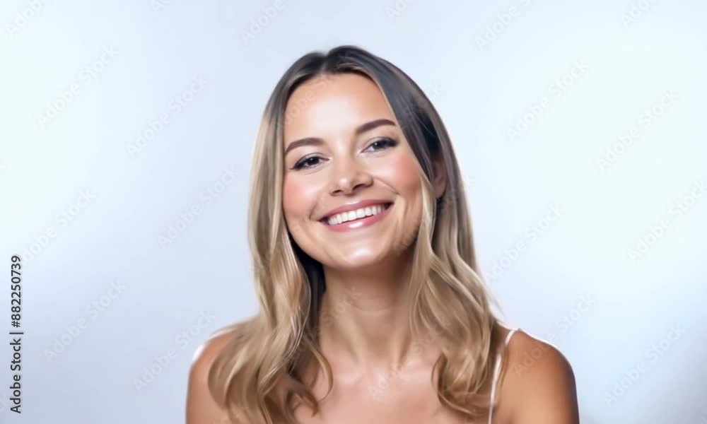 Young woman with flowing blonde hair smiles happily in a vibrant portrait, radiating positivity against a white background Young woman with flowing blonde hair smiles happily in a vibrant portrait, radiating positivity against a white background
