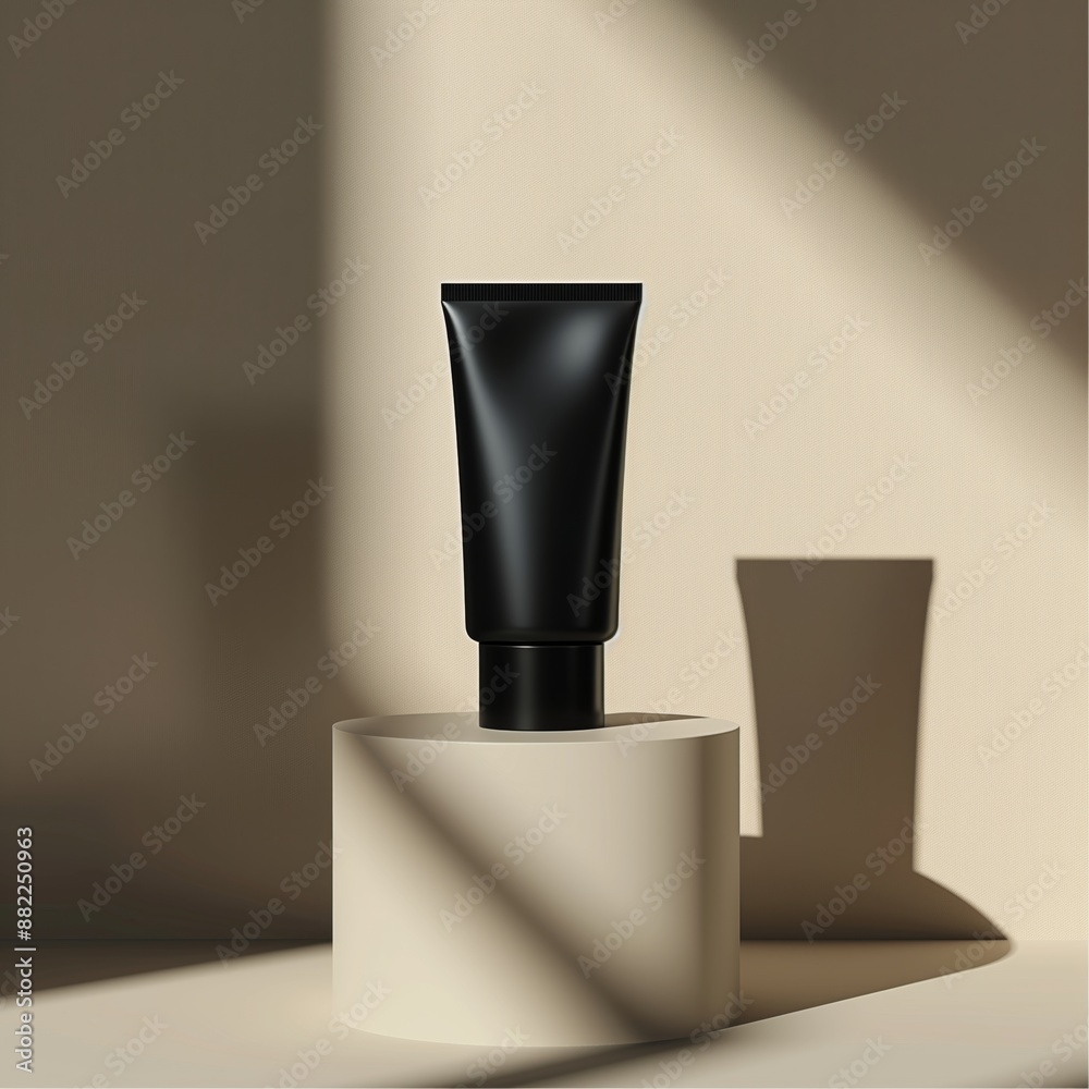 Minimalist black cosmetic tube on a beige pedestal with dramatic shadow play. Minimalist black cosmetic tube on a beige pedestal with dramatic shadow play.