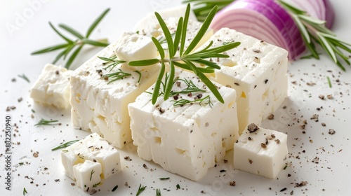  A stack of tofu on a pristine white plate, accompanied by an onion and a green sprig