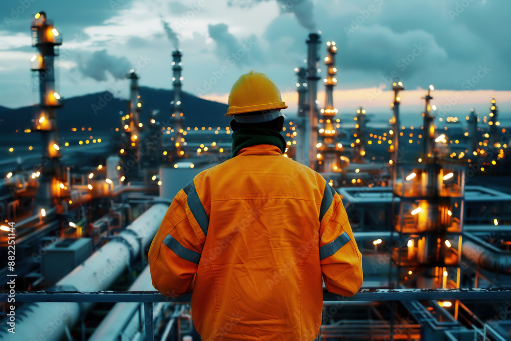 Engineer in orange workwear and helmet inspecting a large industrial complex with smokestacks and lights during dusk. High Quality Engineer in orange workwear and helmet inspecting a large industrial complex with smokestacks and lights during dusk. High Quality