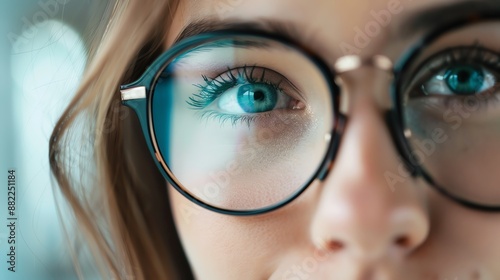 Close-up of a person wearing glasses with bright blue eyes, highlighting the detail and clarity of vision with eyewear.