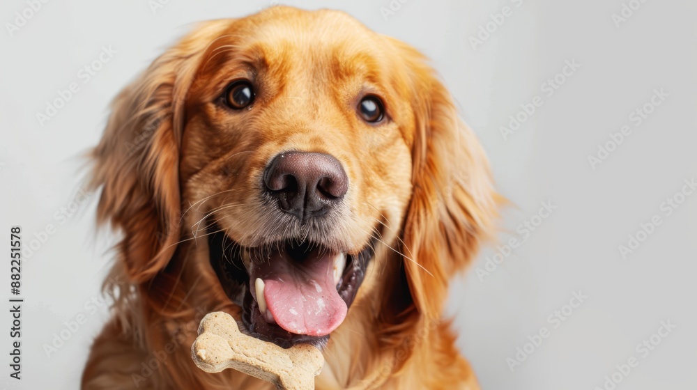 A tight shot of a dog holding a bone in its jaws, with its tongue extended from the side of its mouth A tight shot of a dog holding a bone in its jaws, with its tongue extended from the side of its mouth