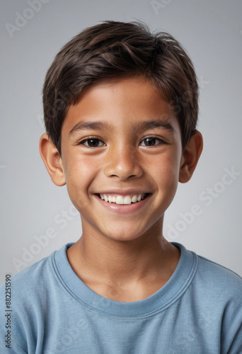 Portrait view of a regular happy smiling Peru boy, ultra realistic, candid, social media, avatar image, plain solid background © jarntag