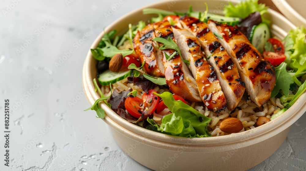A tight shot of a bowl brimming with meat and vegetables atop a rice bed, garnished with crisp lettuce A tight shot of a bowl brimming with meat and vegetables atop a rice bed, garnished with crisp lettuce