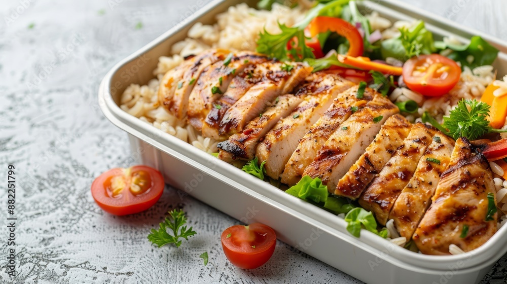 A tight shot of a container filled with chicken and rice, accompanied by tomatoes and parsley on its edge A tight shot of a container filled with chicken and rice, accompanied by tomatoes and parsley on its edge