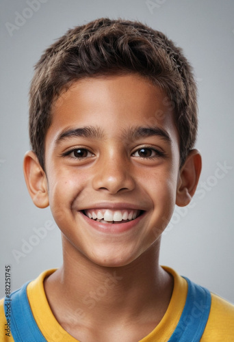 Portrait view of a regular happy smiling Venezuela boy, ultra realistic, candid, social media, avatar image, plain solid background