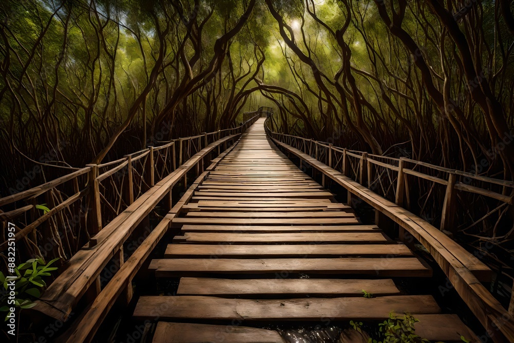 Fototapeta premium Wood bridge in mangrove forest. Explore nature.
