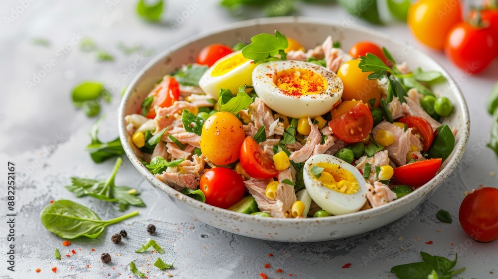 hard-boiled eggs, tomatoes, corn, lettuce, and various vegetables hard-boiled eggs, tomatoes, corn, lettuce, and various vegetables