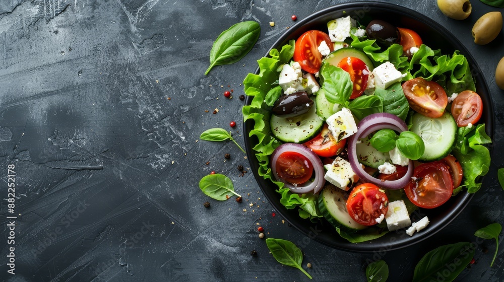 tomatoes, cucumbers, olives, lettuce, feta cheese