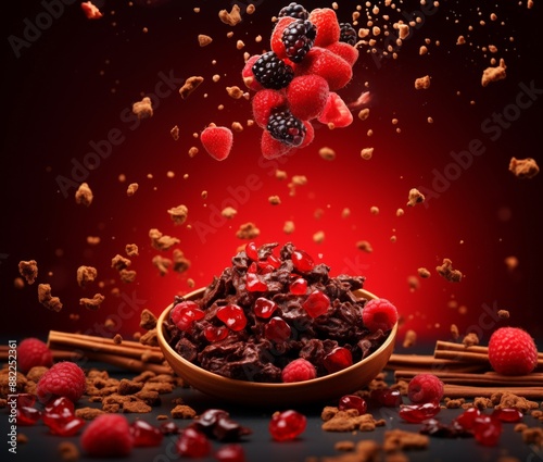 Bowl of chocolate cereal with red berries and chocolate crumbles falling photo