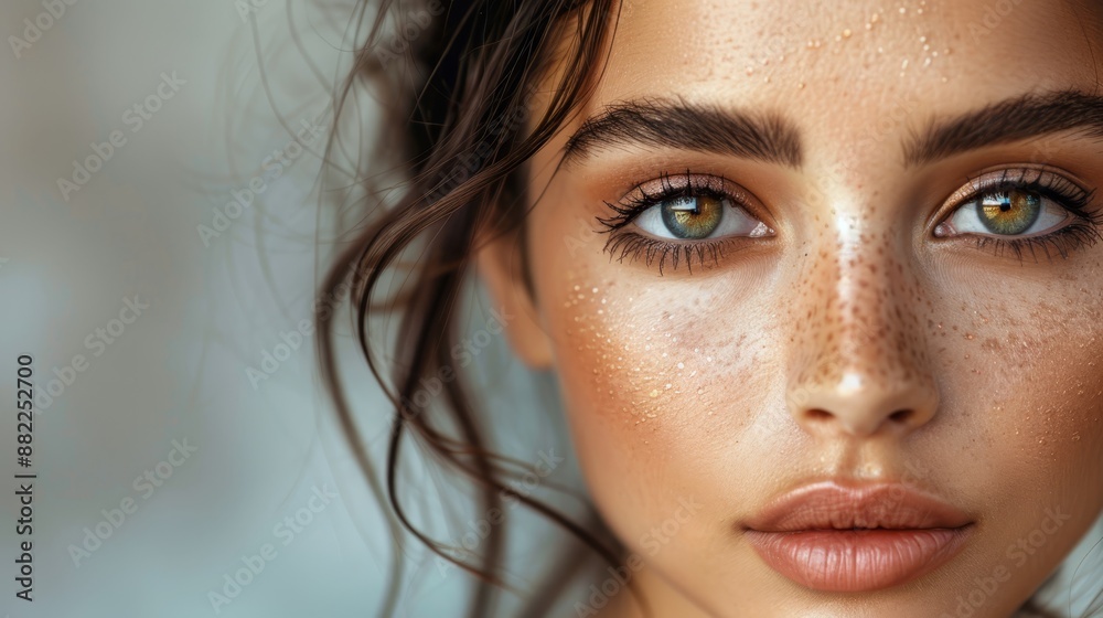 A tight shot of a woman's face adorned with freckles Freckles scatter generously across her visage A tight shot of a woman's face adorned with freckles Freckles scatter generously across her visage