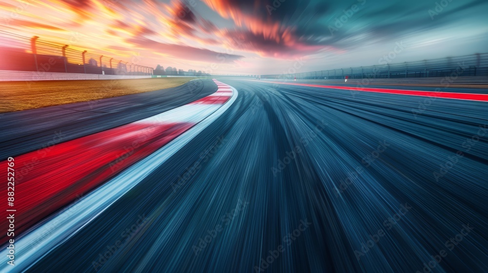 a road with distinct red, white, and blue lines in the foreground and a sunset in the background a road with distinct red, white, and blue lines in the foreground and a sunset in the background