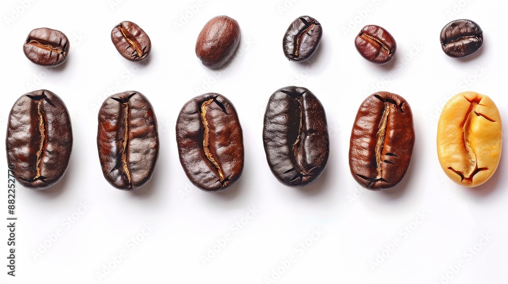  A line of various coffee beans on a pristine white background, with a single bean distinguished in the center