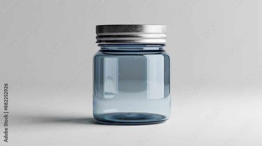 A glass jar, topped with a metal lid and a separate metal cap, rests on a pristine white surface A glass jar, topped with a metal lid and a separate metal cap, rests on a pristine white surface