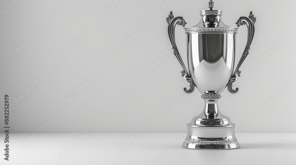  A silver trophy atop a white table, beside a gray wall, and against a gray backdrop