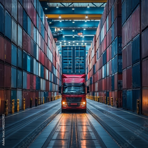 Cargo truck in a shipping yard surrounded by containers photo