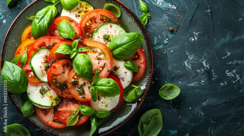 A blue surface holds an arrangement of tomatoes, cucumbers, and basil leaves Salt and pepper are delicately sprinkled on top A blue surface holds an arrangement of tomatoes, cucumbers, and basil leaves Salt and pepper are delicately sprinkled on top