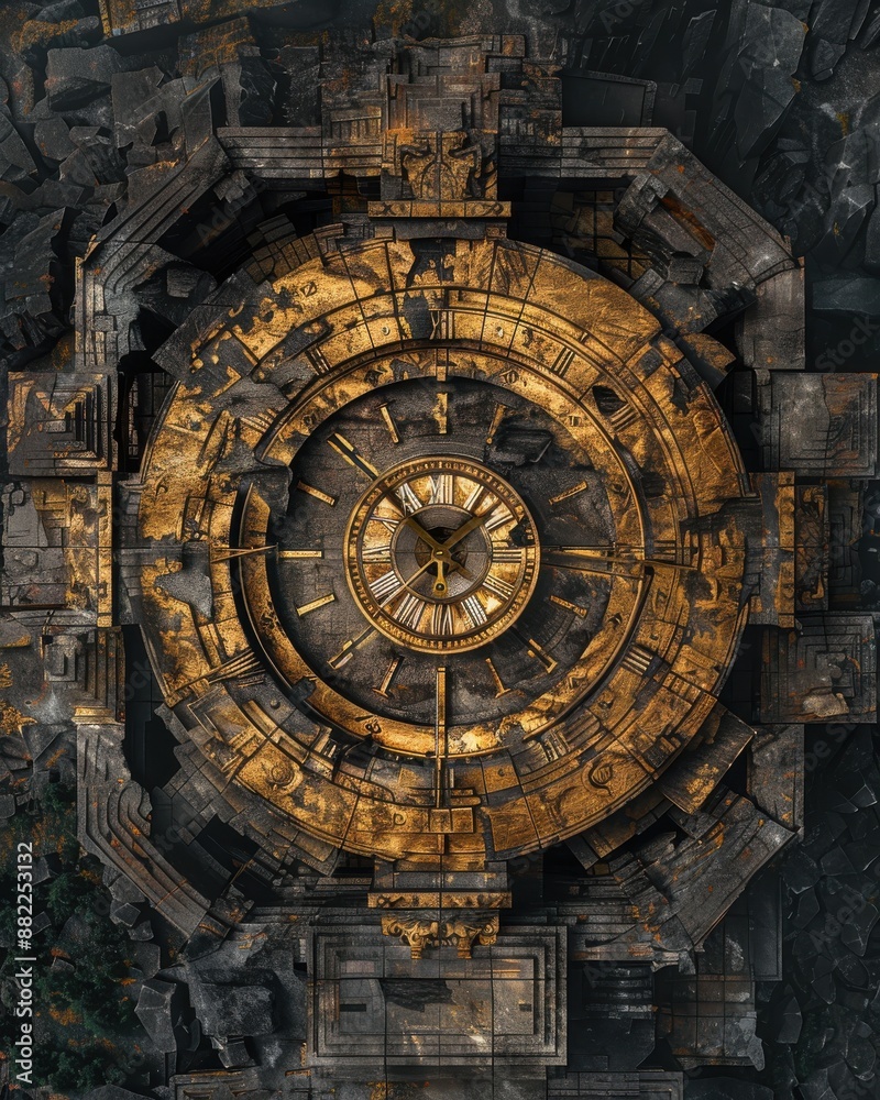Obraz premium A clock tower striking with hands made from gold bars in a medieval village theme, front view, symbolizing timeless wealth, futuristic tone, Complementary Color Scheme