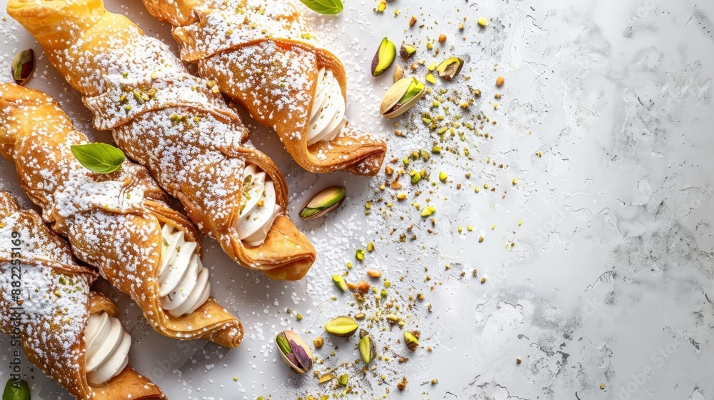 A white plate holds pastries, dusted with powdered sugar, garnished with pistachios and pistachio seeds A white plate holds pastries, dusted with powdered sugar, garnished with pistachios and pistachio seeds