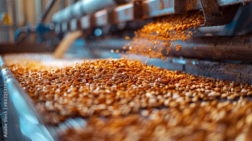 A conveyor belt laden with copious grains adjoins another, from which an ample flow of grains emerges A conveyor belt laden with copious grains adjoins another, from which an ample flow of grains emerges