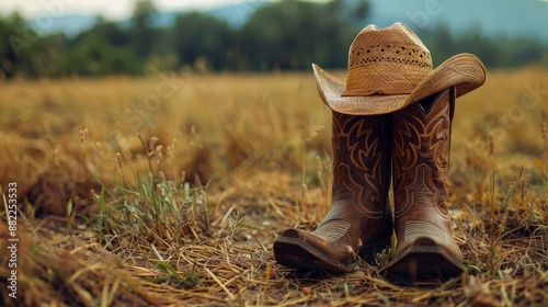  A cowboy hat and a pair of boots sit in the heart of a field, encircled by tall grass Mountains loom in the distance