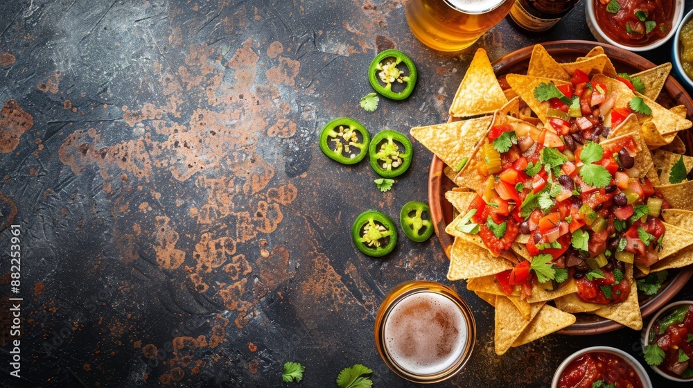 A table is laden with a platter of nachos, beer, salsa, and jalapenos A table is laden with a platter of nachos, beer, salsa, and jalapenos