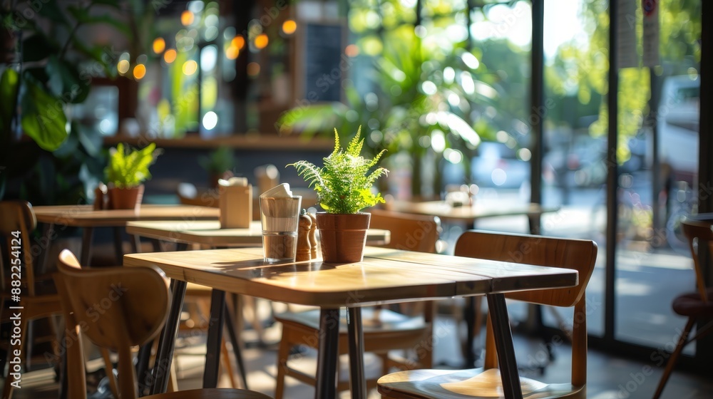 A table, bearing a potted plant, sits in front of a window with a street view A table, bearing a potted plant, sits in front of a window with a street view