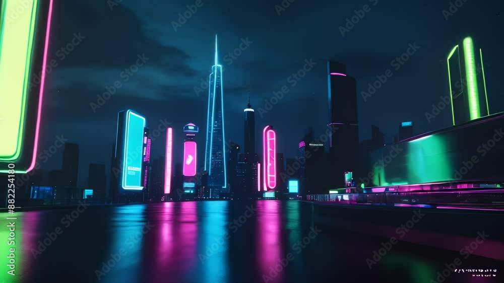 Slow motion along the night street of a cyberpunk city with glowing neon lights.