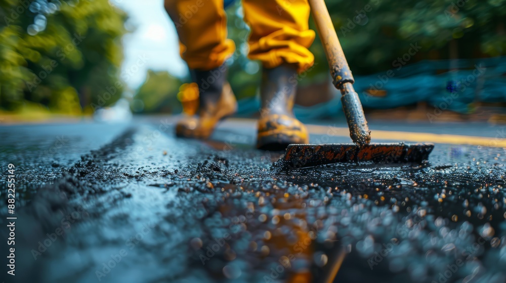 A tight shot of a person strolling on a rain-slicked road, carrying a brush mid-stride A tight shot of a person strolling on a rain-slicked road, carrying a brush mid-stride