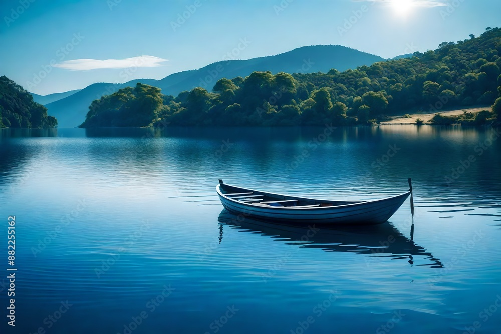 Natural landscape in blue. A boat floating in smooth water at tranquil lake .Many traveller come for relaxing after hard working. Natural landscape in blue. A boat floating in smooth water at tranquil lake .Many traveller come for relaxing after hard working.
