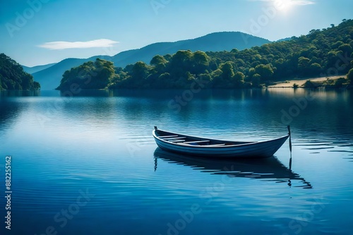 Natural landscape in blue. A boat floating in smooth water at tranquil lake .Many traveller come for relaxing after hard working. © MSohail