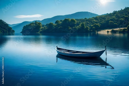 Natural landscape in blue. A boat floating in smooth water at tranquil lake .Many traveller come for relaxing after hard working.