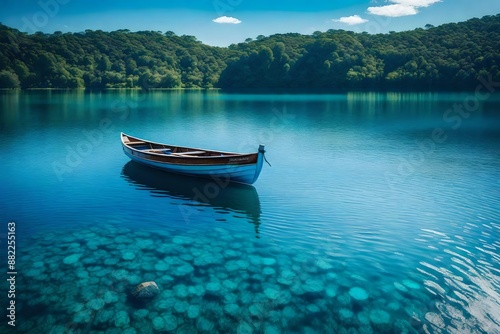 Natural landscape in blue. A boat floating in smooth water at tranquil lake .Many traveller come for relaxing after hard working.