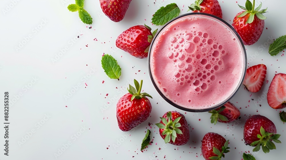 A glass of strawberry smoothie, surrounded by fresh strawberries on a pristine white background Garnished with mint leaves and a delightful sprinkle of toppings A glass of strawberry smoothie, surrounded by fresh strawberries on a pristine white background Garnished with mint leaves and a delightful sprinkle of toppings