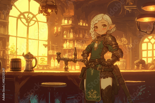 Fantasy Elf Warrior in a Rustic Tavern with Warm Lighting