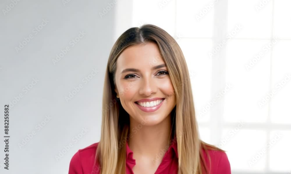 Confident businesswoman in red shirt smiling in office, radiating success and professionalism. Background softly blurred, emphasizing elegance. Natural light highlights features Confident businesswoman in red shirt smiling in office, radiating success and professionalism. Background softly blurred, emphasizing elegance. Natural light highlights features