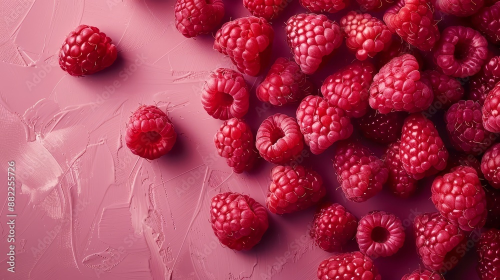 A collection of ripe raspberries atop a pink backdrop, adjacent to a sheet of paper bearing written content A collection of ripe raspberries atop a pink backdrop, adjacent to a sheet of paper bearing written content