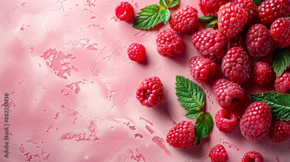 A collection of red raspberries atop a pink surface, surrounded by leaves and dotted with water droplets A collection of red raspberries atop a pink surface, surrounded by leaves and dotted with water droplets