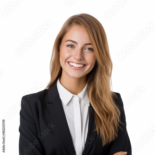 Confident businesswoman in formal suit smiling for success