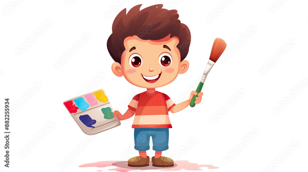 Boy on a white background with a paintbrush and paint palette
