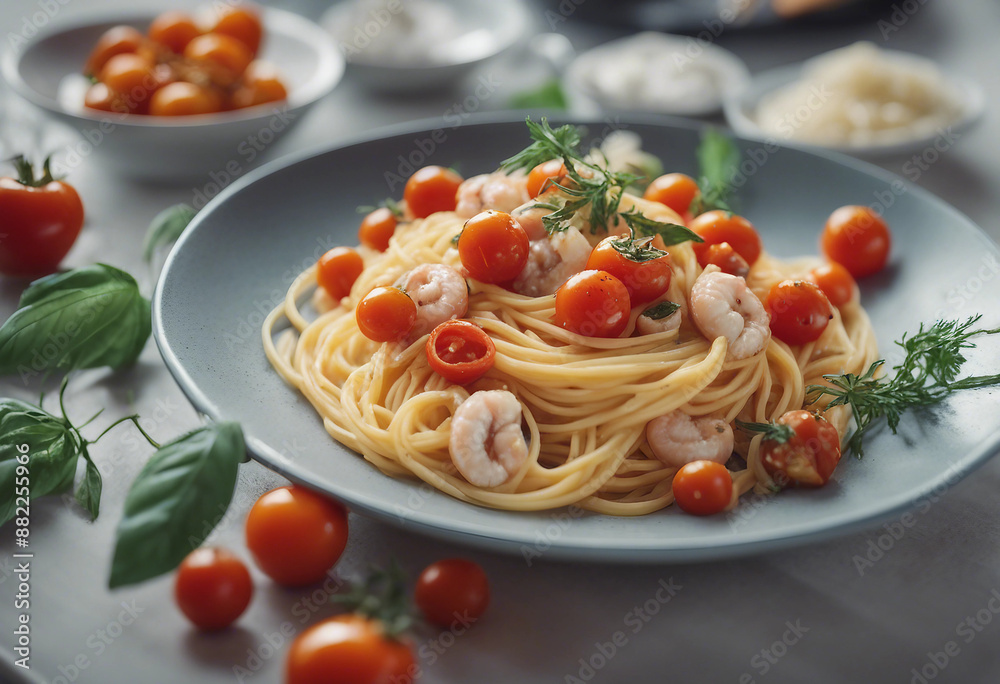 seafood pasta with cherry tomatoes. seafood pasta with cherry tomatoes.