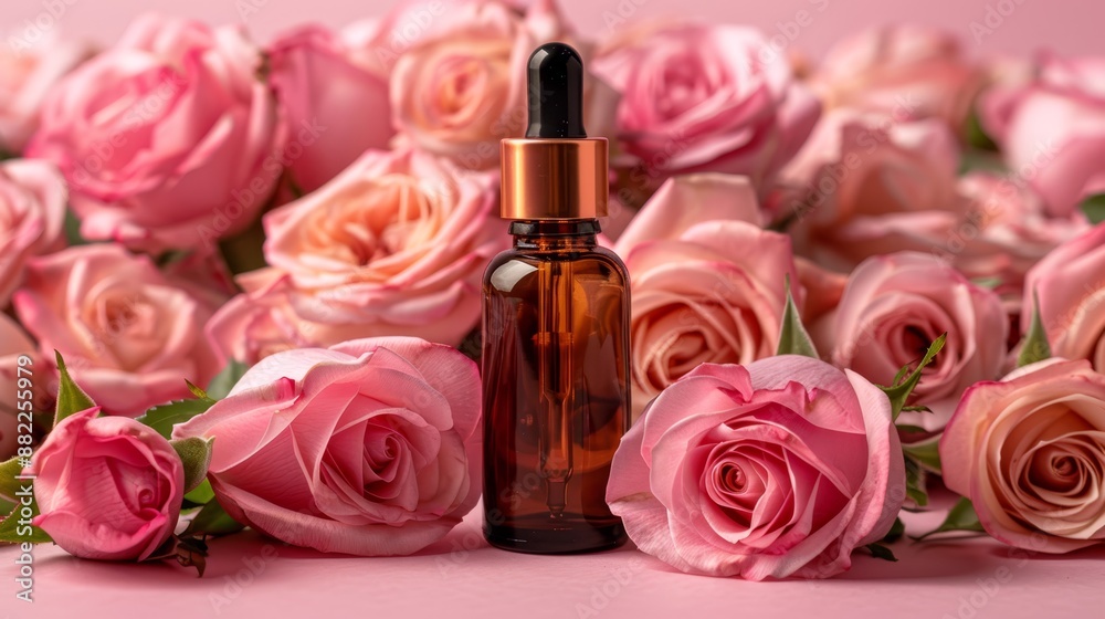 A bottle of rose essential oil adjacent to a pink background filled with pink and white roses A bottle of rose essential oil adjacent to a pink background filled with pink and white roses